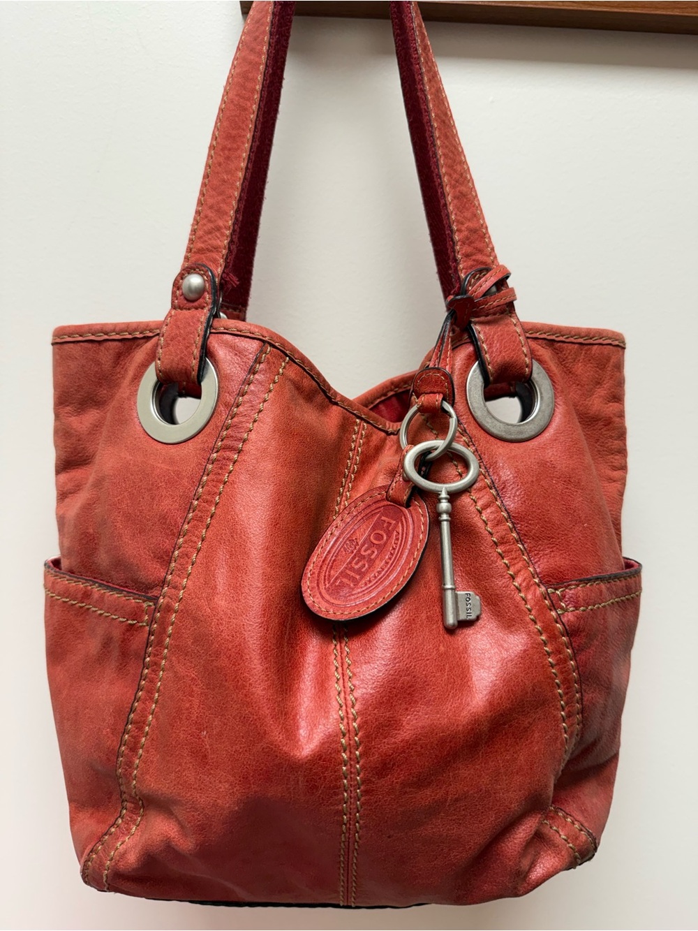 Fossil Vintage Red Soft Leather Purse Shoulder Bag Tote
